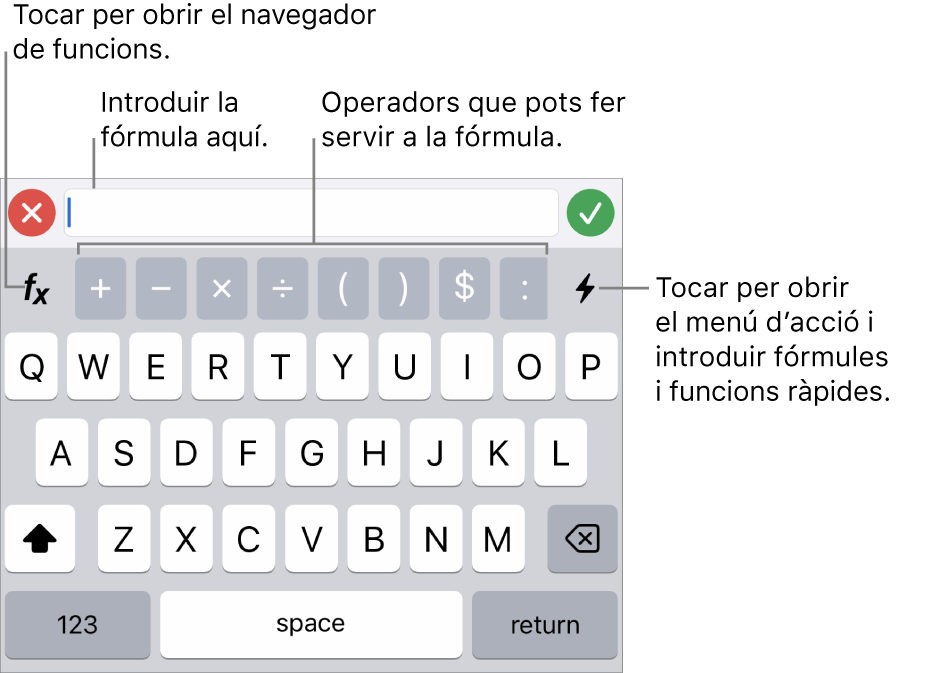 Teclat de fórmules, amb l’editor de fórmules a la part superior i els operadors que s’utilitzen en les fórmules a sota. El botó Funcions per obrir l’explorador de funcions està situat a l’esquerra dels operadors i el botó “Menú d’accions” està situat a la dreta.