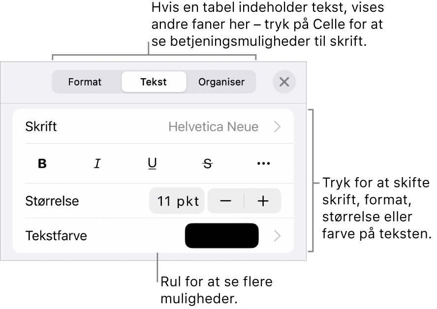 Betjeningsmuligheder til tekst på Formatmenuen til indstilling af afsnits- og tegnformater, skrift, skriftstørrelse og farve.