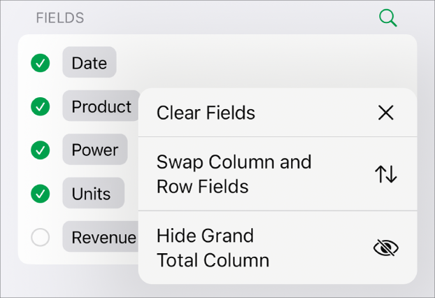 The More Field Options menu, showing the controls to hide grand totals, swap column and row fields and clear fields.
