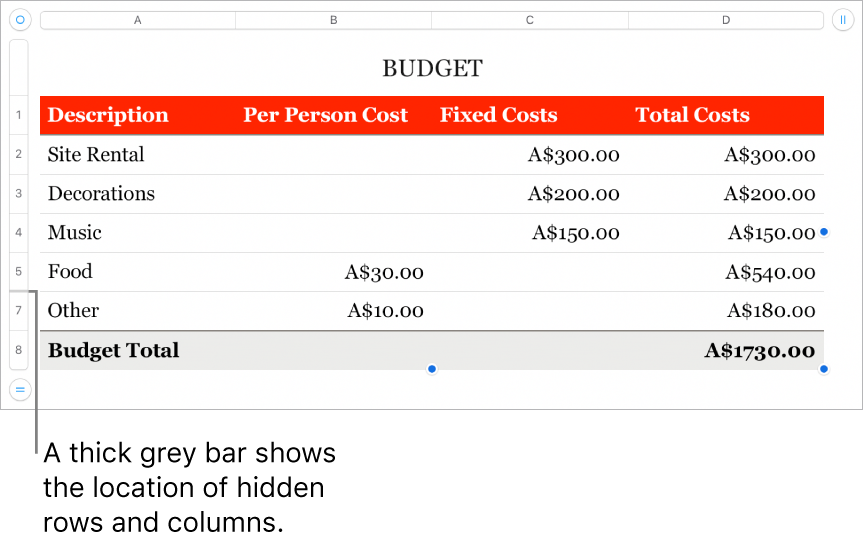 A thick grey bar that shows the location of hidden rows and columns