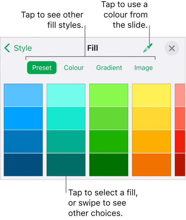 Fill options in the Style tab of the Format button.