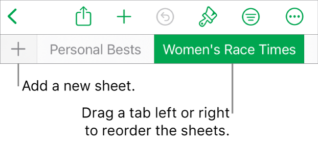 The tab bar for adding a new sheet, navigating, reordering, and reorganizing sheets.