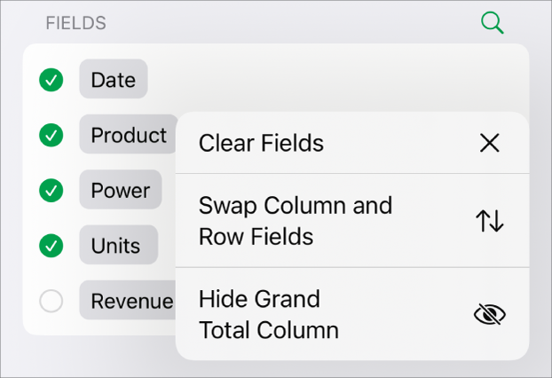 The More Field Options menu, showing the controls to hide grand totals, swap column and row fields, and clear fields.