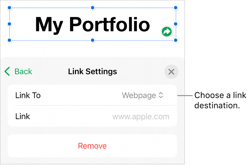 The Link Settings controls with Webpage selected, and the Remove button at the bottom.