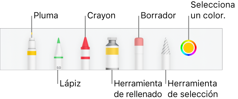 La barra de herramientas de dibujo en Numbers en el iPhone con un bolígrafo, un lápiz, un crayón, la herramienta de relleno, el borrador, la herramienta de selección y la paleta de colores mostrando el color actual.