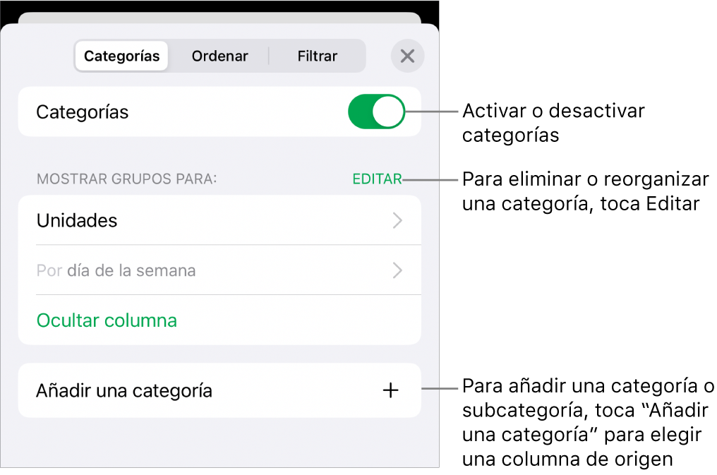 El menú Categorías para iPhone con opciones para desactivar categorías, eliminar categorías, reagrupar datos, ocultar una columna de origen y añadir categorías.