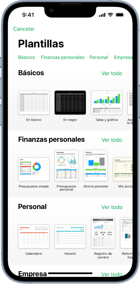 El selector de plantilla, mostrando una fila de categorías a lo largo de la parte superior en la que puedes tocar para filtrar las opciones. Debajo aparecen miniaturas de plantillas prediseñadas organizadas en filas por categorías, empezando por Recientes en la parte superior y seguida por Básicas y “Finanzas personales”. Por encima y a la derecha de cada fila de categoría aparece un botón “Ver todo”. El botón “Idioma y región” se encuentra en la esquina superior derecha.