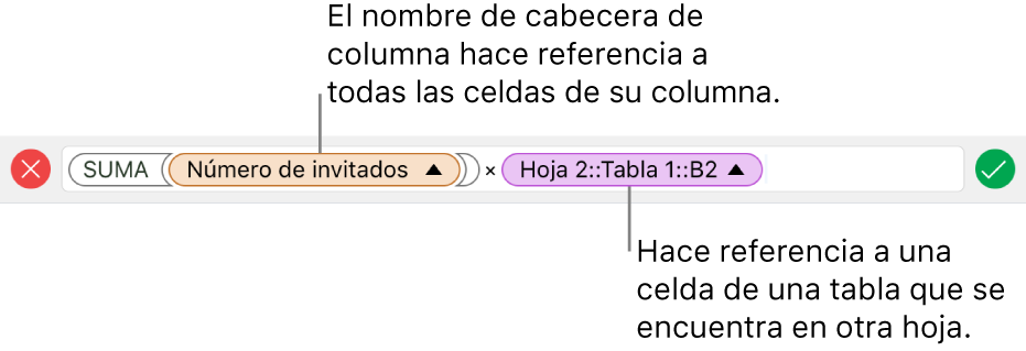 El editor de fórmulas con una fórmula que hace referencia a una columna de una tabla y una celda de otra tabla.