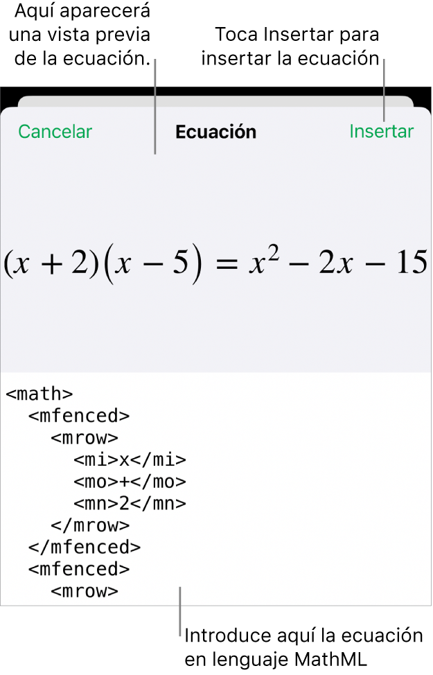 El diálogo Ecuación con una ecuación escrita con comandos de MathML y una previsualización de la fórmula encima.