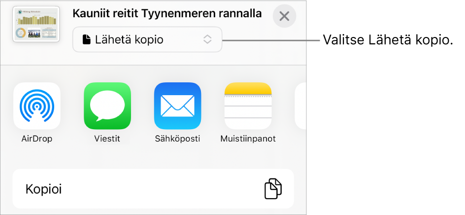 Jaa-valikko, jossa on ylhäällä valittuna Lähetä kopio.