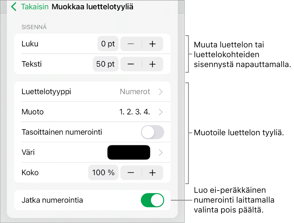 Muokkaa luettelotyyliä -valikko, jossa on säätimet sisennysten välistystä, luettelotyyppiä ja -muotoa, tasoittaista numerointia, luettelon väriä ja kokoa sekä jatkuvaa numerointia varten.