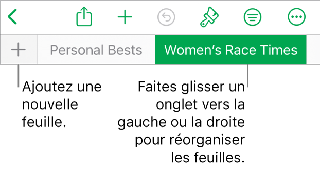 Barre des onglets pour ajouter une feuille, parcourir et réorganiser les feuilles.