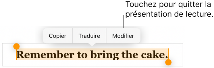 Une phrase est sélectionnée. Au-dessus de celle-ci s’affiche un menu contextuel avec les boutons Copier et Modifier.