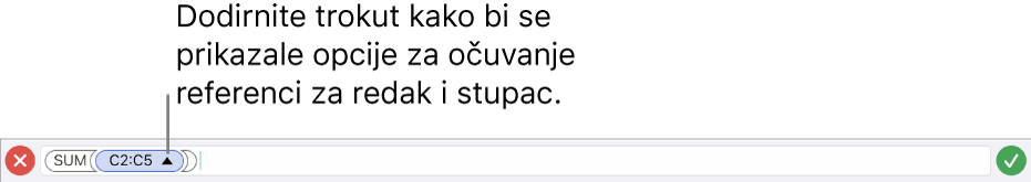 Urednik formula prikazuje kako se može sačuvati reference retka i stupca kad se ćelija kopira ili premjesti.