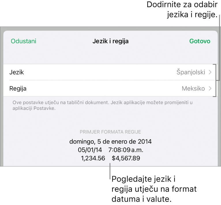 Prozor Jezik i regija s kontrolama za jezik i regiju te primjer formatiranja uključujući datum, vrijeme, decimalu i valutu.