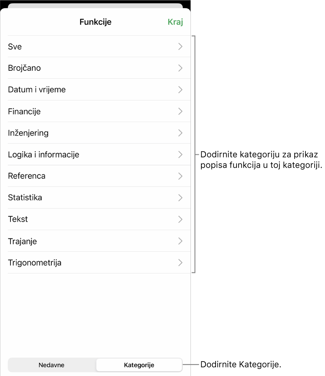 Preglednik funkcija s odabranom tipkom Kategorije i popis kategorija ispod.