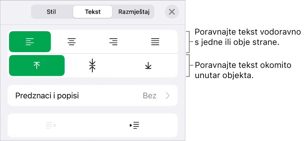 Odjeljak Raspored u Inspektoru formata s balončićima za tipke za poravnanje teksta i razmak.