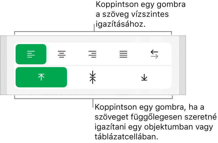 A szövegek vízszintes és függőleges igazítására szolgáló gombok.