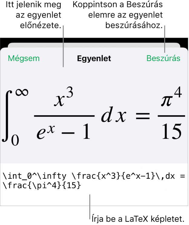 Az Egyenlet párbeszédpanel, amelyen egy, a LaTex-parancsok használatával írt egyenlet, felül pedig az egyenlet előnézete látható.