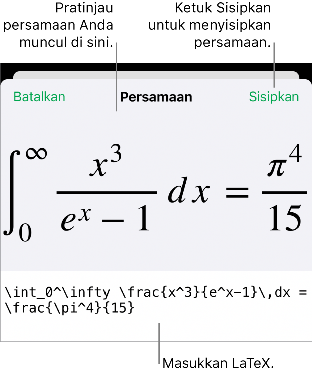Dialog Persamaan, menampilkan sebuah persamaan ditulis menggunakan perintah LaTex, dan pratinjau formula di atas.