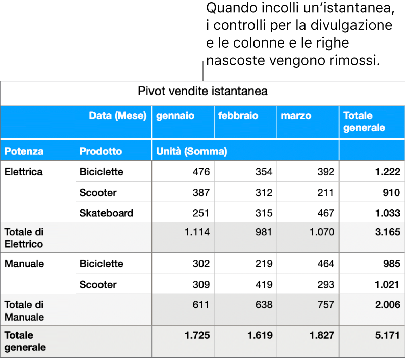 L'istantanea di una tabella pivot.