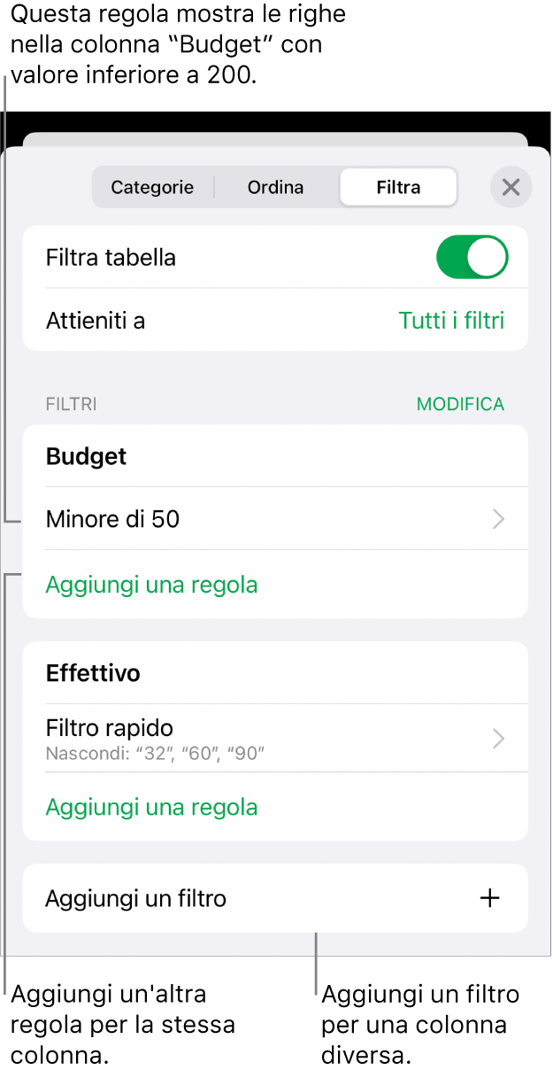 Controlli per l'aggiunta di nuove regole di filtro o per modificare quelle esistenti.