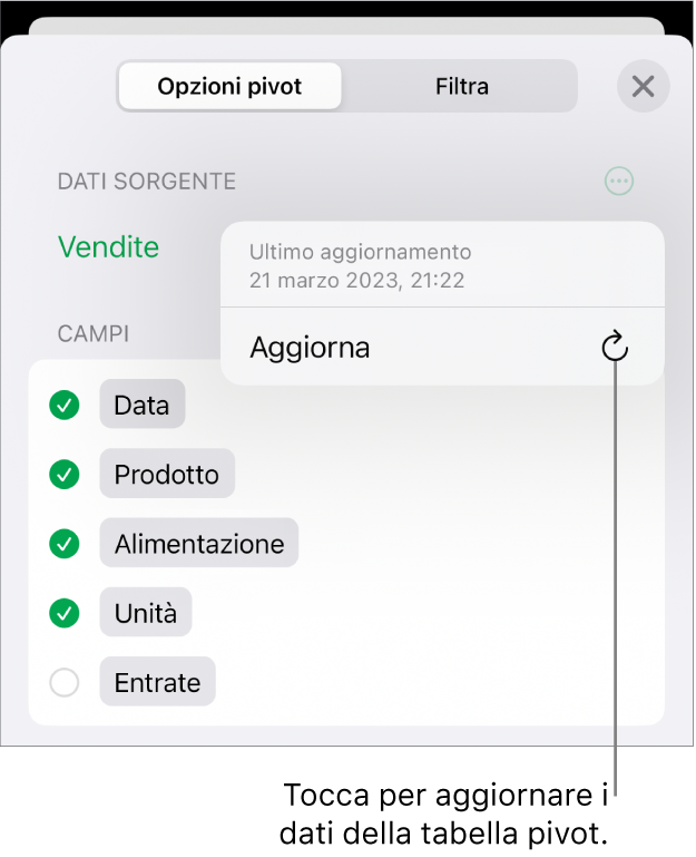 Il menu “Opzioni pivot” che mostra l'opzione per aggiornare la tabella pivot.