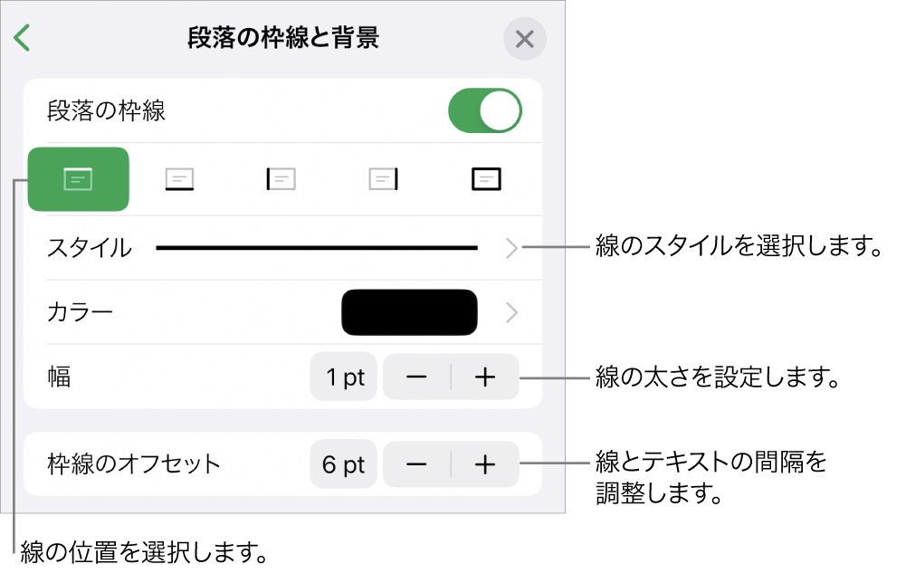 線のスタイル、太さ、位置、カラーを変更するためのコントロール。