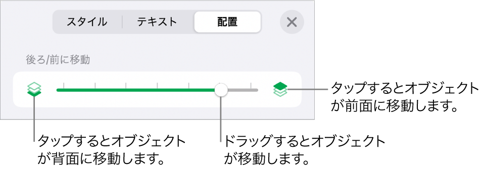 後ろに移動ボタン、前に移動ボタン、およびレイヤーのスライダ。