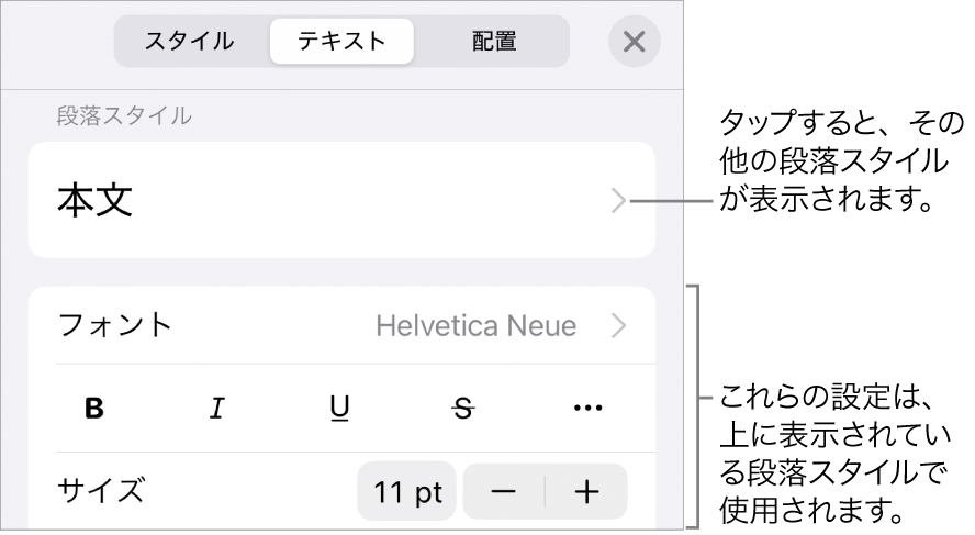 「フォーマット」メニュー。段落と文字のスタイル、フォント、サイズ、色を設定するためのテキストコントロールが表示されています。