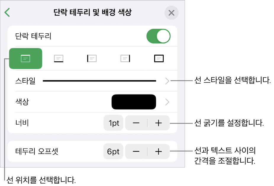 선 스타일, 굵기, 위치 및 색상을 변경하는 제어기.