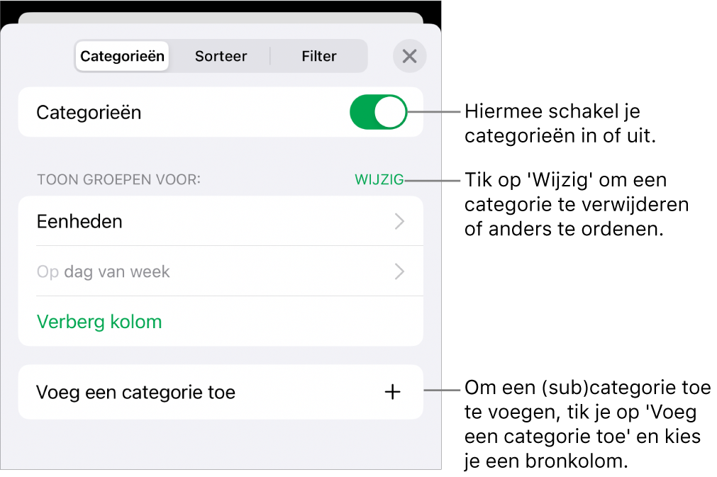 Het menu 'Categorieën' op de iPhone met de volgende opties: categorieën uitschakelen, categorieën verwijderen, gegevens anders groeperen, een bronkolom verbergen en categorieën toevoegen.