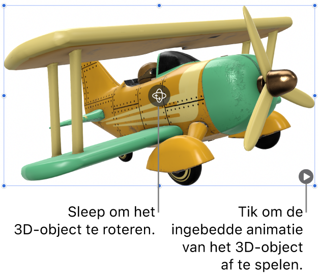 Een 3D-object met de roteerknop in het midden van het object en de afspeelknop in de rechterbenedenhoek.