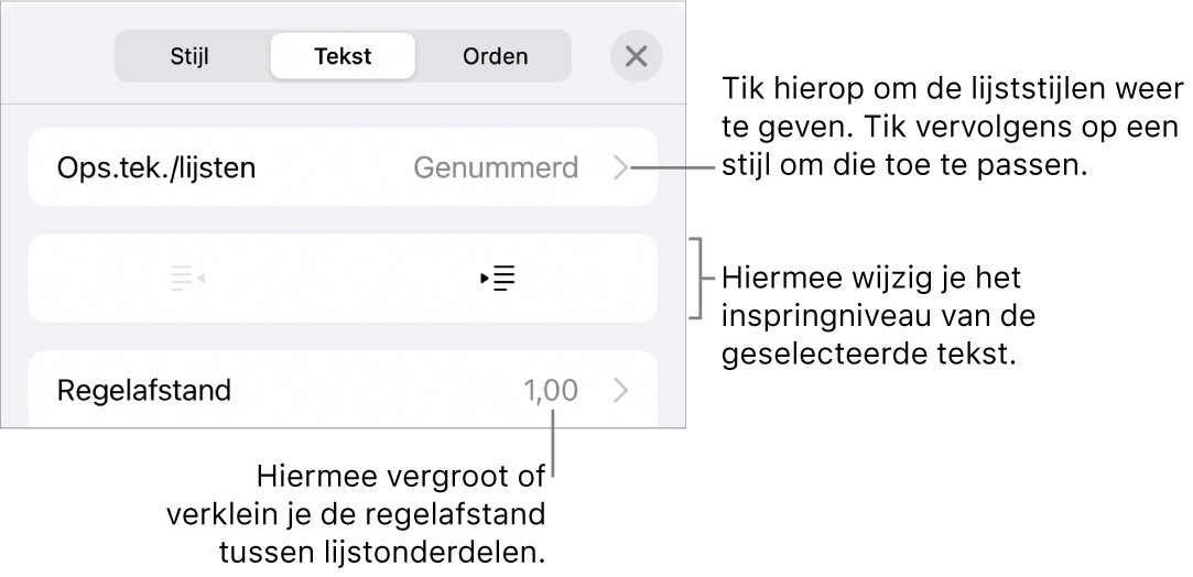 Het gedeelte 'Ops.tek./lijsten' van de opmaakregelaars met uitleg bij 'Ops.tek./lijsten', de inspringknoppen en de regelaars voor de regelafstand.