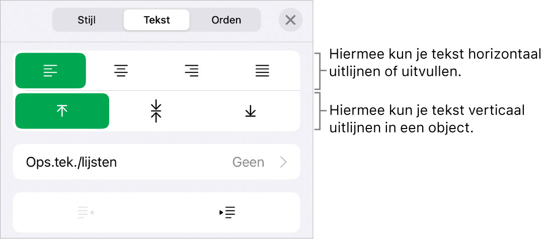 Het gedeelte 'Lay-out' van het infovenster 'Opmaak' met uitleg bij tekstuitlijn- en afstandsknoppen.