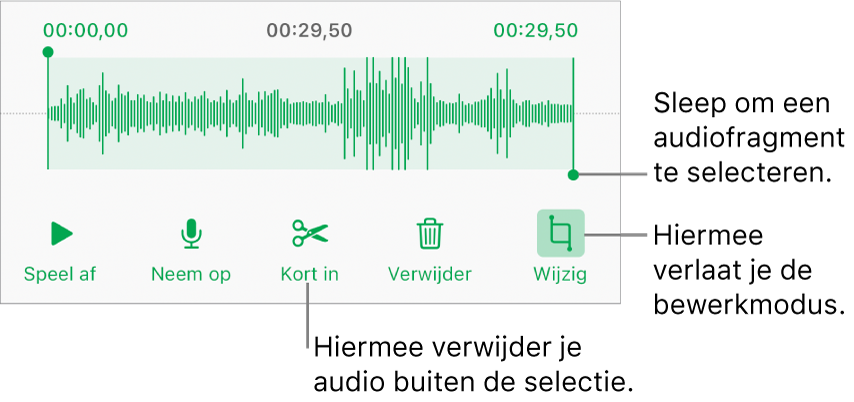 Regelaars voor het bewerken van audio-opnamen. Selectiegrepen geven aan welk gedeelte van de opname geselecteerd is. Eronder staan knoppen voor beluisteren, opnemen, inkorten, verwijderen en bewerken.