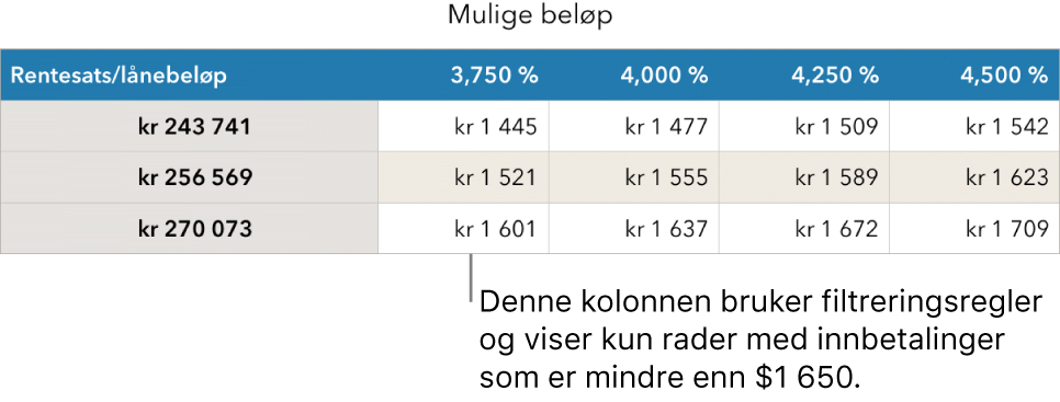 En boliglån-tabell etter filtrering på gunstige renter.