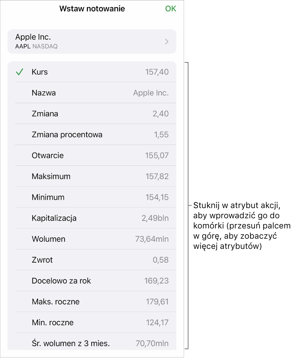 Okno nałożone Wstaw notowanie giełdowe. Na górze widoczna jest nazwa akcji, natomiast niżej znajdują się atrybuty, które można zaznaczyć, takie jak kurs, nazwa, zmiana, zmiana procentowa oraz otwarcie.