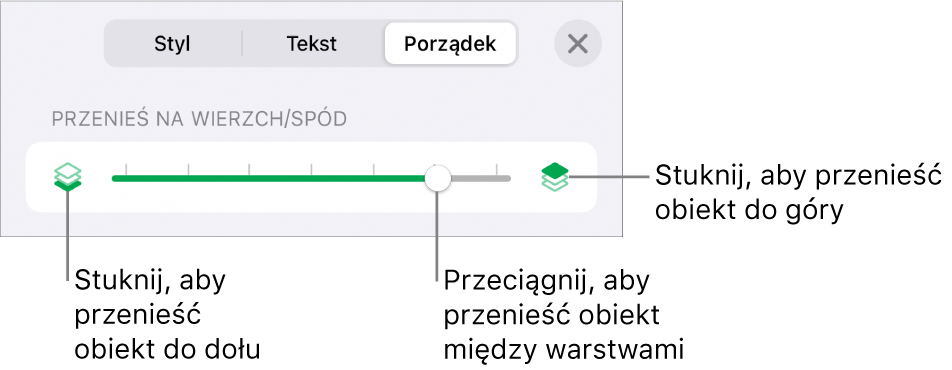 Przycisk przenoszenia niżej, przycisk przenoszenia wyżej i suwak warstw.