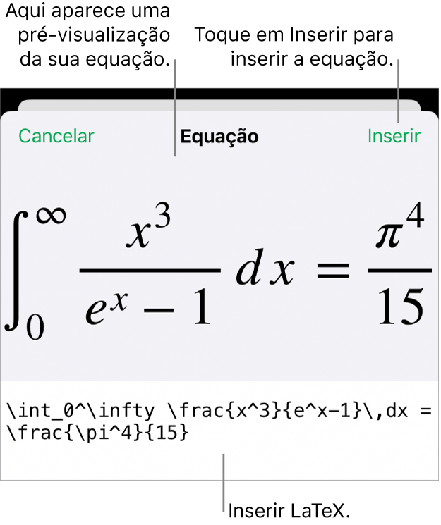 O diálogo de Equação, mostrando uma equação escrita com comandos LaTex e uma pré-visualização da fórmula acima.