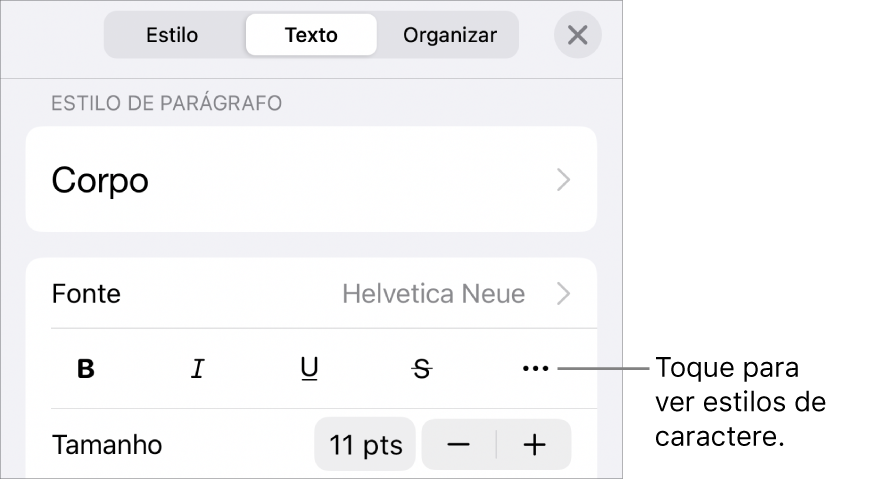 Controles Formatar com estilos de parágrafo na parte superior, seguidos dos controles de Fonte. Abaixo de Fonte estão os botões Negrito, Itálico, Sublinhado, Tachado e “Mais opções de texto”.