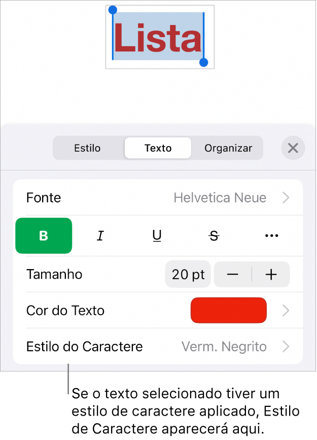 Os controles de formatação de texto com “Estilo de Caractere” abaixo dos controles de cor. O estilo de caractere Nenhum aparece com um asterisco.