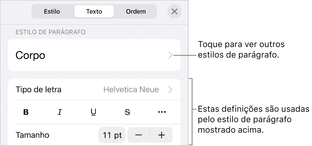 O menu Formatação a apresentar controlos de texto para definir estilos de parágrafo e carácter, tipo de letra, tamanho e cor.