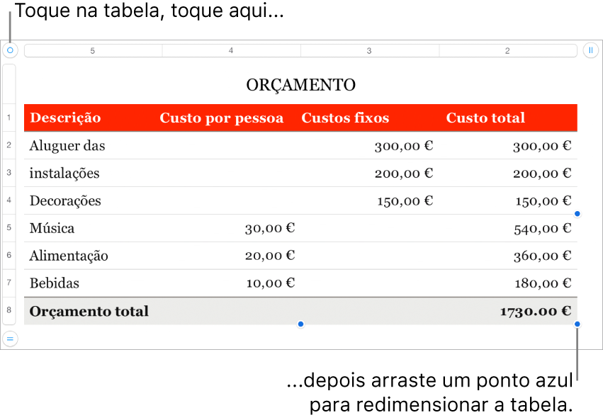 Uma tabela selecionada, com os pontos azuis para redimensionamento.