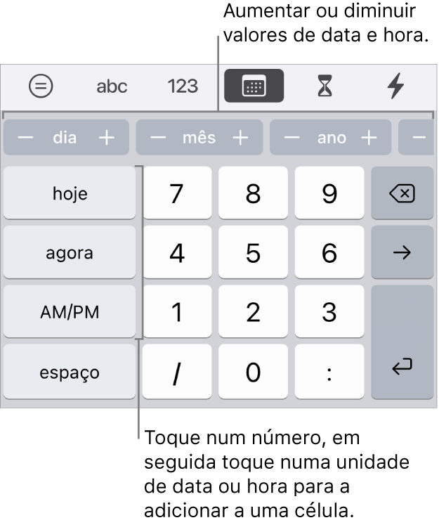 Teclado de data e hora. Uma fila de botões junto à parte superior mostra as unidades de tempo (mês, dia e ano) que pode incrementar de modo a alterar o valor apresentado na célula. São teclas à esquerda para hoje, agora e 12H/24H, e teclas numéricas no centro do teclado.