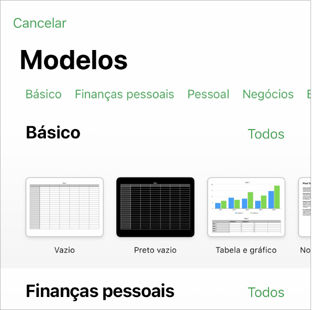 A lista de modelos com uma linha de categorias visível na parte superior, na qual é possível tocar para filtrar as opções. Por baixo estão visíveis miniaturas de modelos preconcebidos organizados em linhas por categoria, que começam por Recentes na parte superior e Básico posteriormente. Surge um botão Ver tudo por cima e à direita de cada linha da categoria.