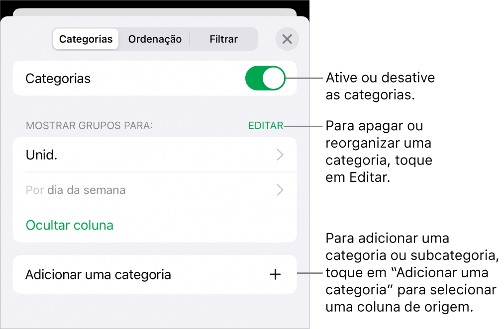 O menu Categorias para iPhone com opções para desativar as categorias, apagar categorias, reagrupar dados, ocultar uma coluna de origem e adicionar categorias.