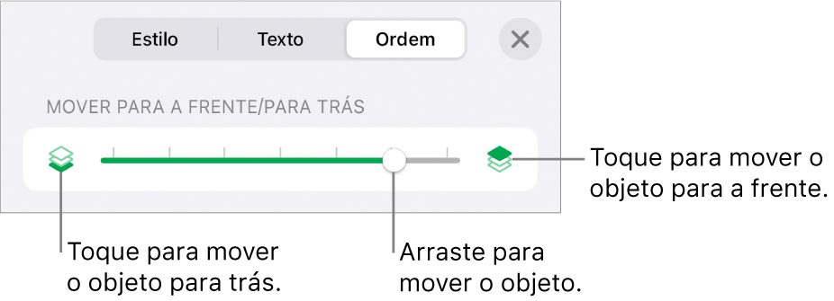 O botão Mover para trás, o botão Mover para a frente e o nivelador da camada.