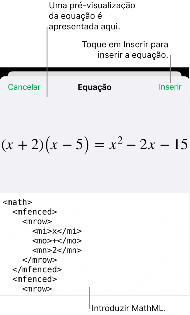 A caixa de diálogo “Equação”, apresentando uma equação escrita com recurso aos comandos MathML e uma pré-visualização da fórmula em cima.