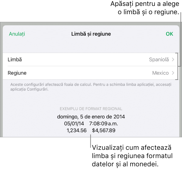 Panoul Limbă și regiune, cu comenzile pentru limbă și regiune și un exemplu de format, inclusiv data, ora, zecimale și valuta.